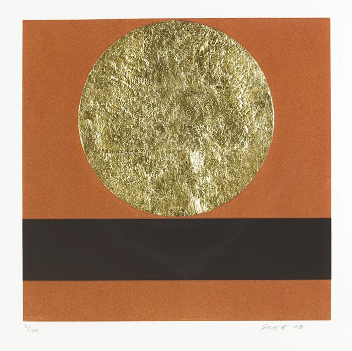 BOOK PRINT (from Meditations) 2008 and LIMITED EDITION BOOK (A PAIR) by Patrick Scott, carborundum with gold leaf; (1); limited edition book; (1); (both no. 2 from an edition of 100), sold Nov 2014