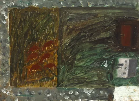 James Dixon, MAGGIE THE COWS ARE IN THE CLOVER GO AND DRIVE THEM MAGGIE TO THE OLD RED BARN, TORY ISLAND, 1968, oil on paper