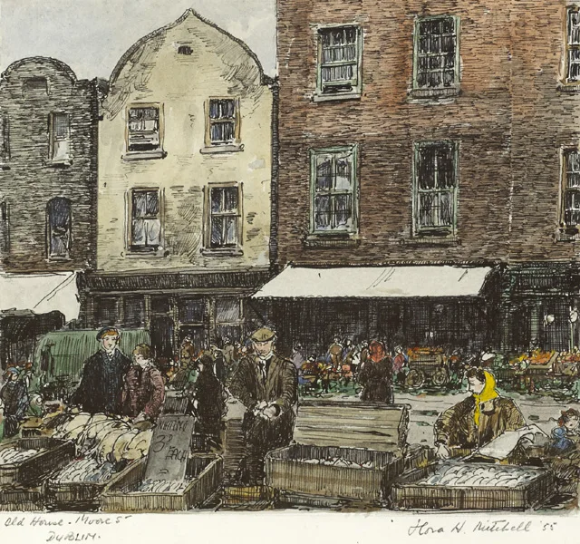 OLD HOUSE, MOORE STREET, DUBLIN by Flora Mitchell, 1955, pen and ink and watercolour, sold Nov 2014