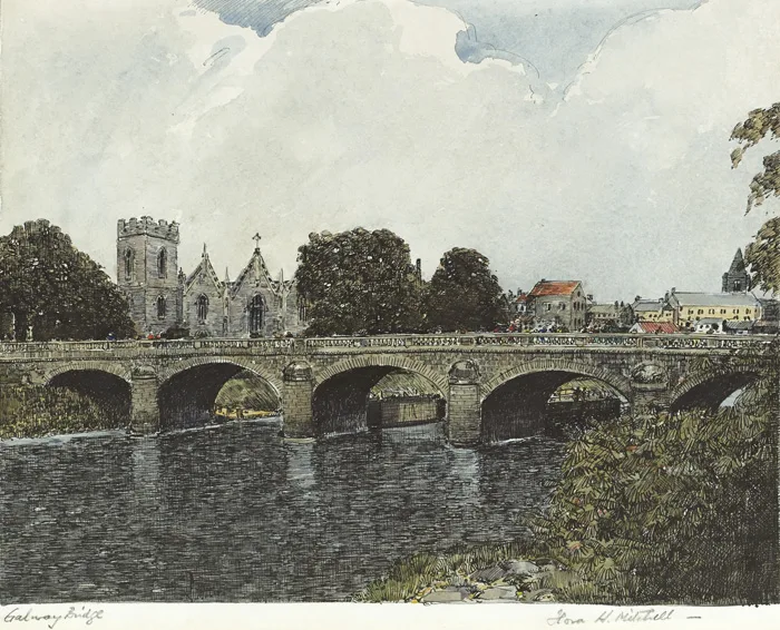 GALWAY BRIDGE by Flora Mitchell, pen and ink and watercolour, sold Nov 2014