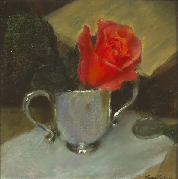 RED ROSE IN SILVER CUP by Thomas Ryan, oil on canvas, sold Nov 2014
