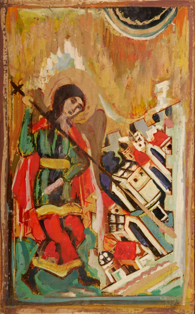 ICON - ARCHANGEL MICHAEL by Markey Robinson, acrylic on printed paper on panel; (unframed), sold Jul 2017