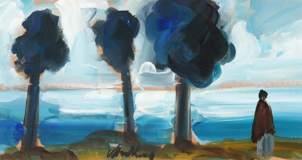 THREE TREES AND SHAWLIE by Markey Robinson, gouache, sold Jul 2017