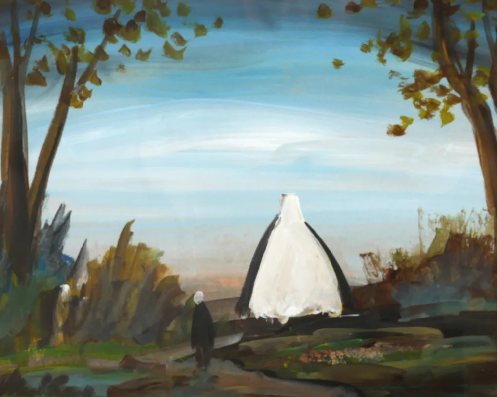 SHAWLIE AND COTTAGE by Markey Robinson, gouache, sold Jul 2017