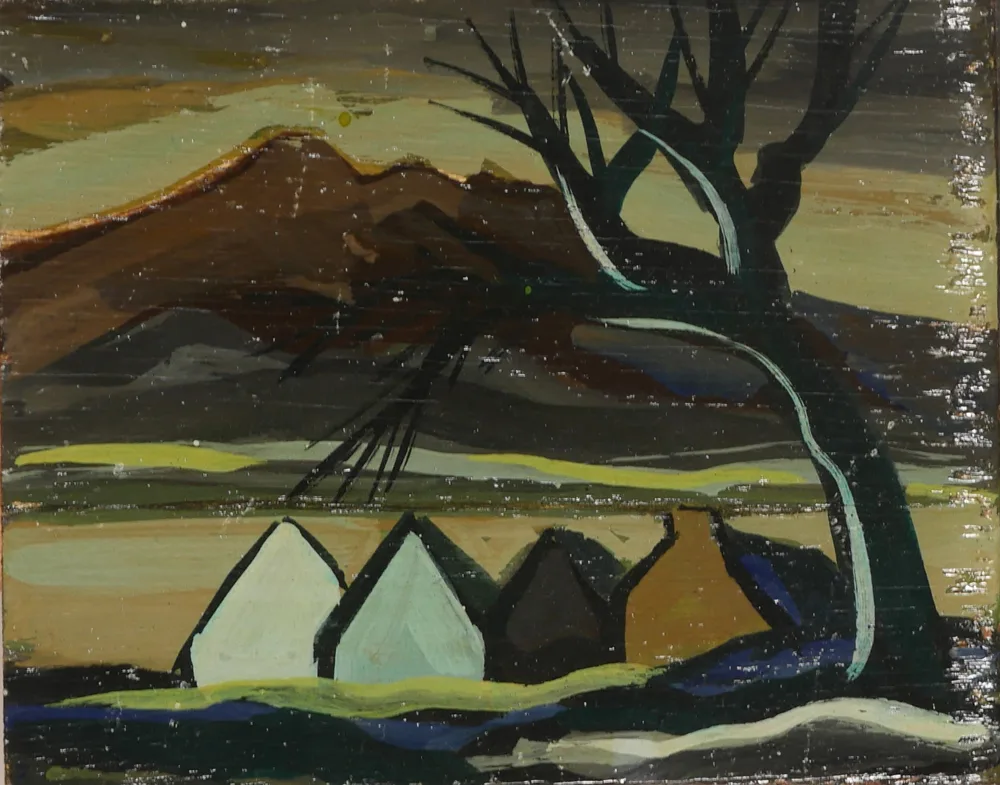 DONEGAL LANDSCAPE WITH COTTAGES by Markey Robinson, oil on board; (unframed), sold Jul 2017