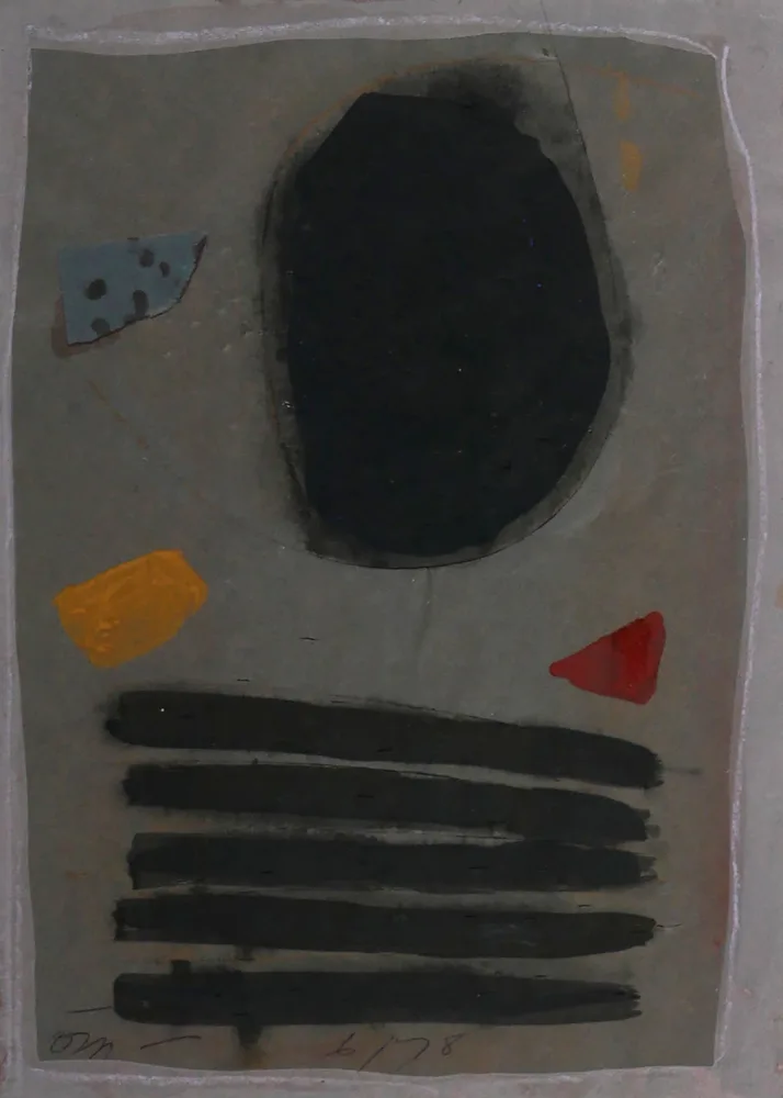 UNTITLED [ABSTRACT COMPOSITION WITH BLACK, RED, YELLOW AND BLUE] by Tony O'Malley, 1978, gouache and collage element on tinted paper, sold Jul 2017