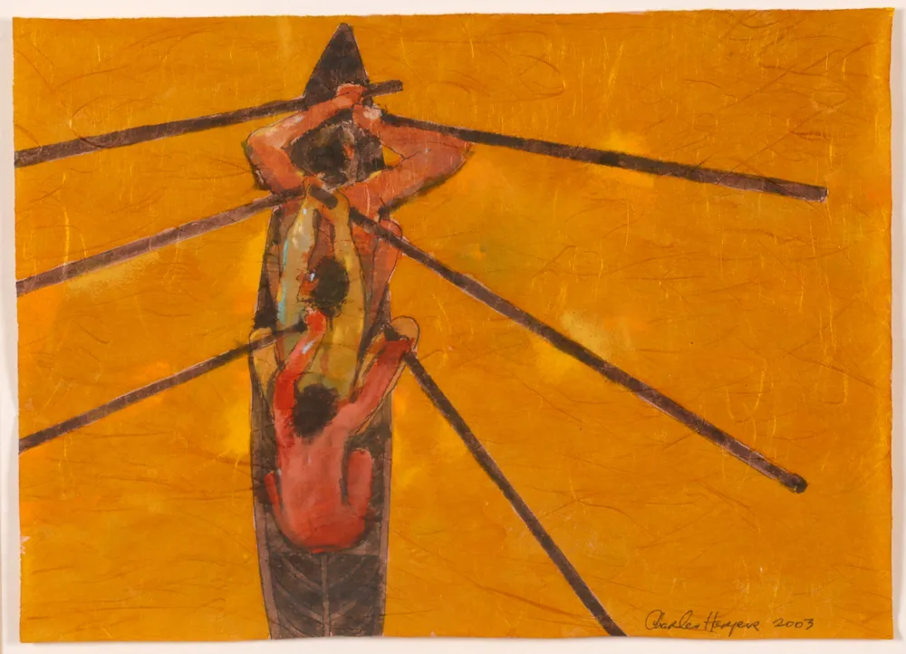 END RACE by Charles Harper, 2003, watercolour on Thai silk paper, sold Jul 2017