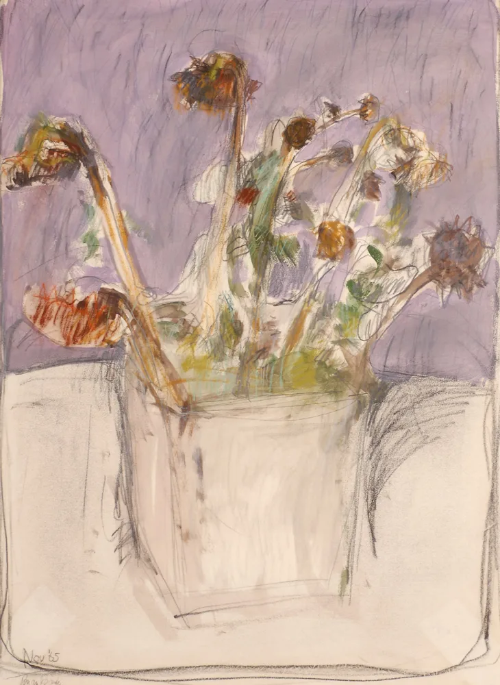 STILL LIFE WITH FLOWERS by Brian Bourke, 1965, mixed media on paper, sold Jul 2017
