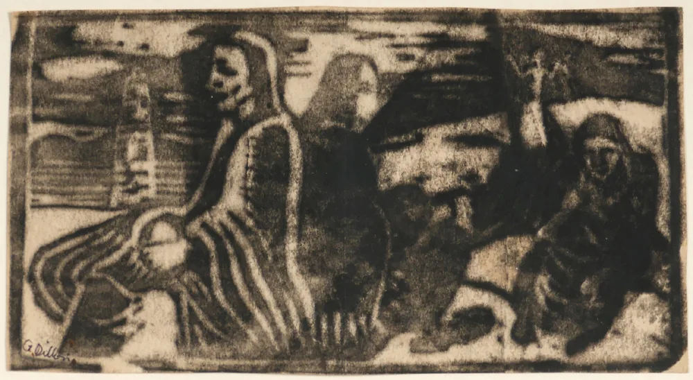 FIGURES WITH ROUND TOWER by Gerard Dillon, monoprint, sold Jul 2017