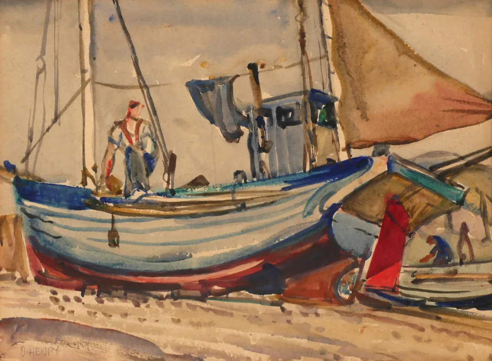 MENDING BOATS by Olive Henry, watercolour, sold Jul 2017