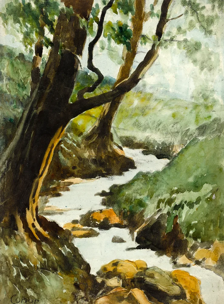 RIVERSCAPE by William Conor, watercolour and crayon, sold Jul 2017