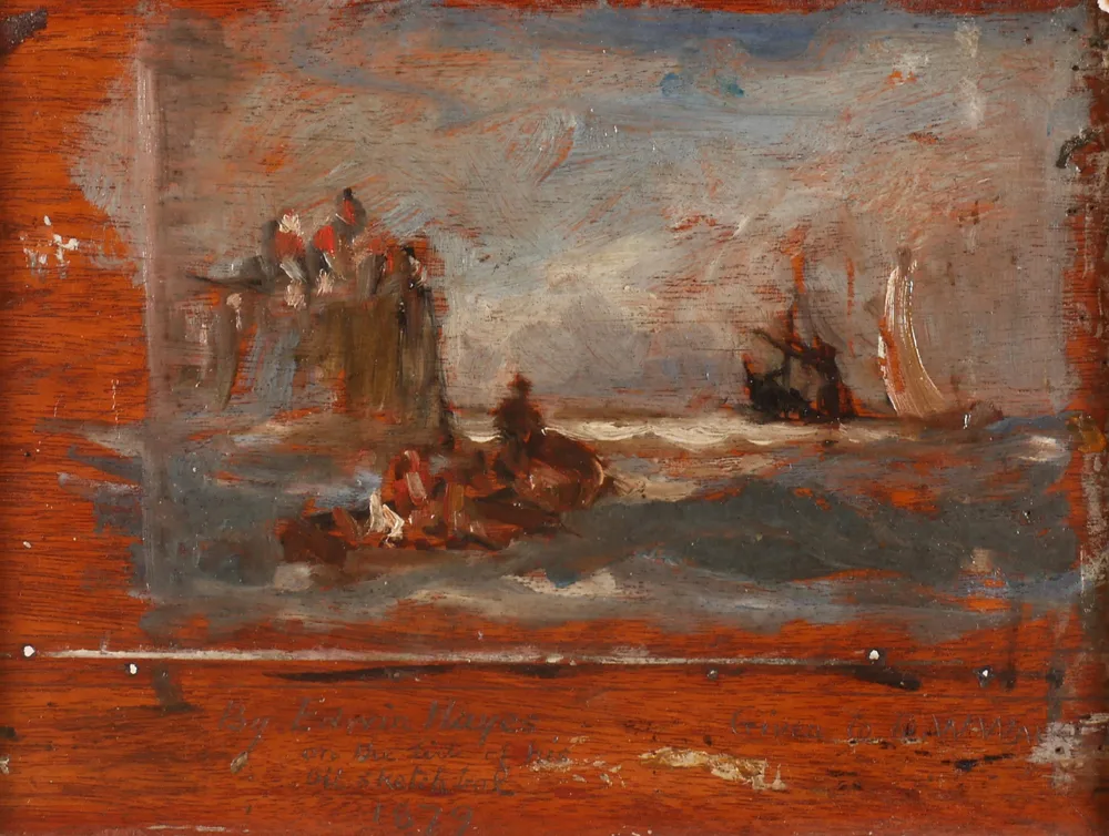 SHIPPING BY A HARBOUR WALL by Edwin Hayes, 1879, oil on panel, sold Jul 2017