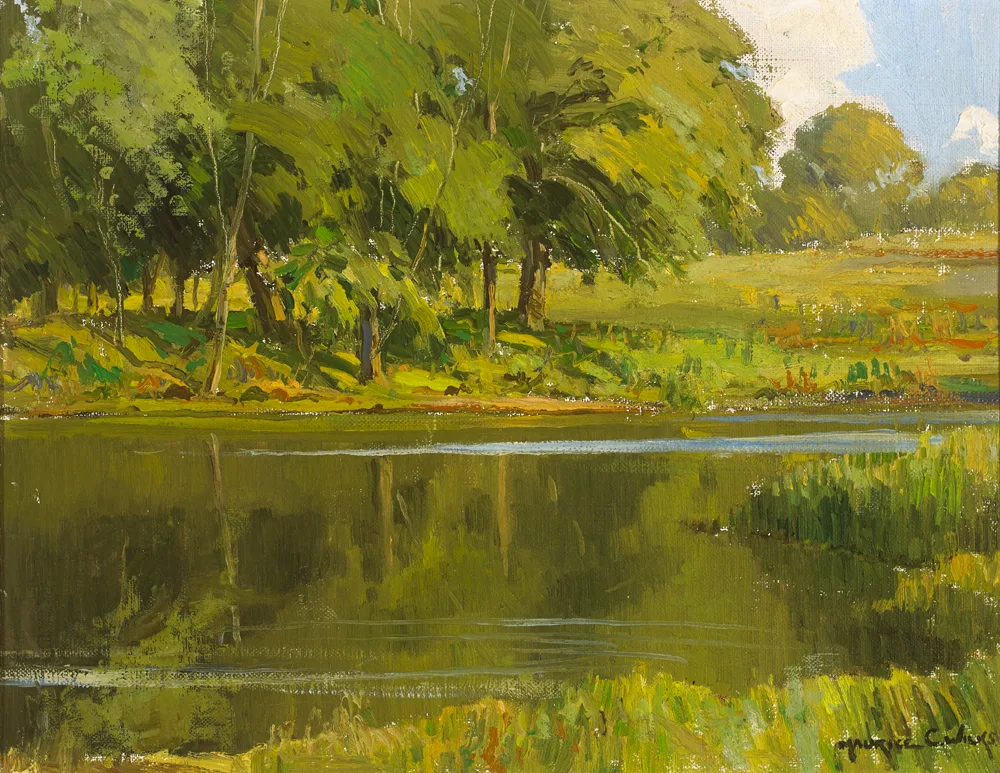 REFLECTIONS, RIVER LAGAN, COUNTY DOWN by Maurice Canning Wilks, oil on canvas, sold Jul 2017