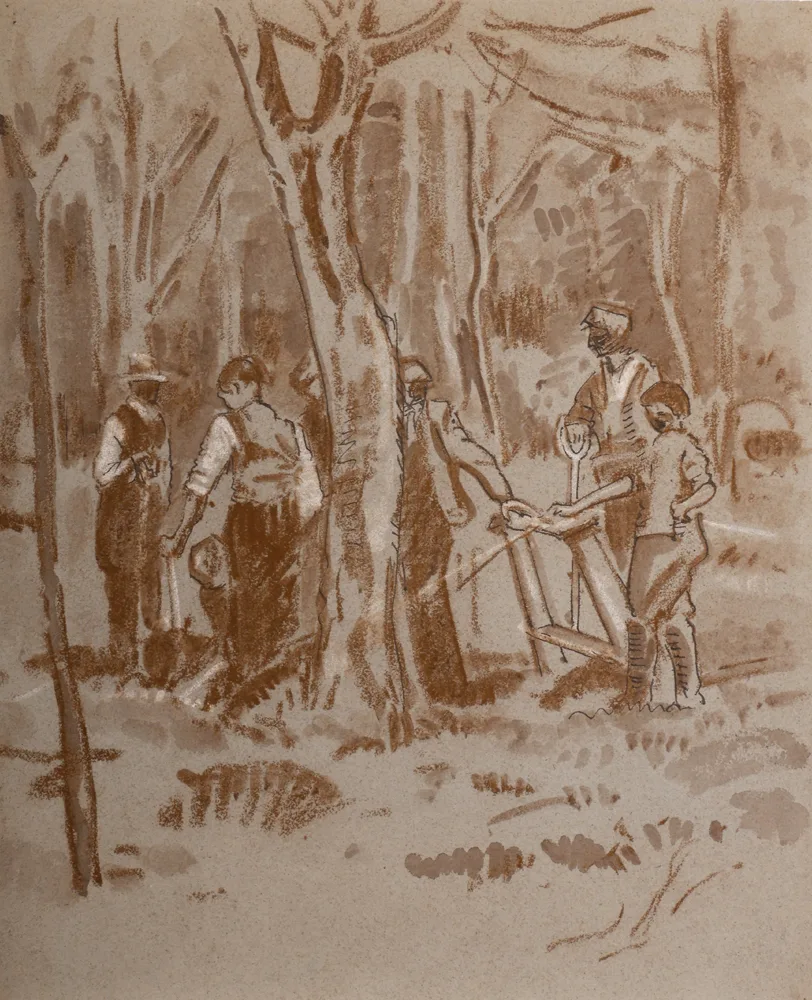 WORKMEN IN THE FOREST by Patrick Leonard, ink and pastel, sold Jul 2017