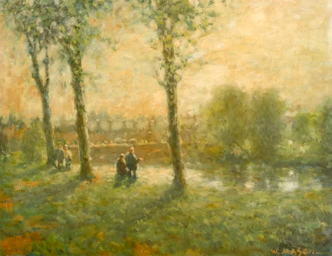 THE FISHERMEN by William Mason, oil on board, sold Jul 2017