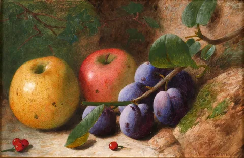Charles Henry Slater, STILL LIFE OF APPLES, CHERRIES AND PLUMS ON A MOSSYBANK, watercolour on paper
