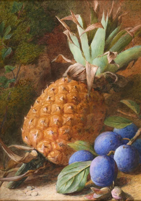 Charles Henry Slater, STILL LIFE OF A PINEAPPLE AND PLUMS ON A MOSSY BANK, watercolour