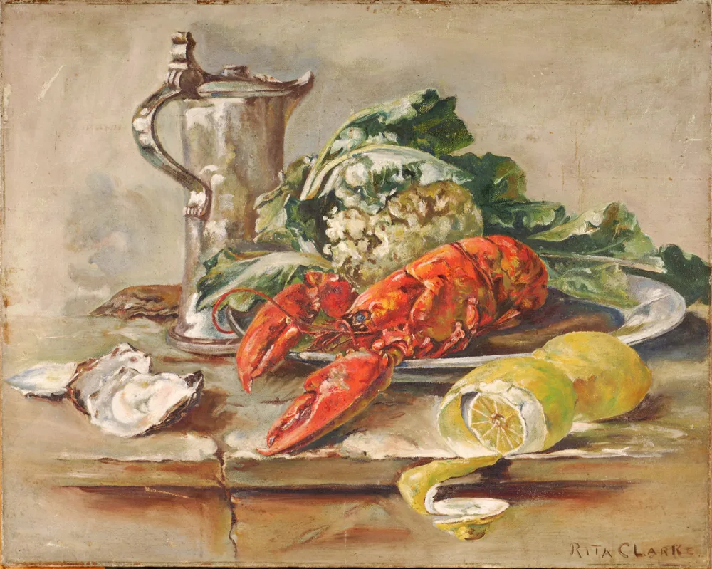 Rita Clarke, STILL LIFE WITH LEMONS AND LOBSTER, oil on canvas (unframed)