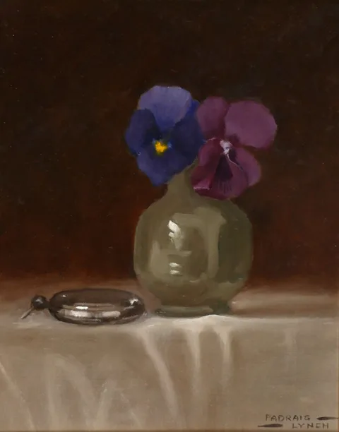 PANSIES by Padraig Lynch, 1998, oil on board, sold Jul 2017