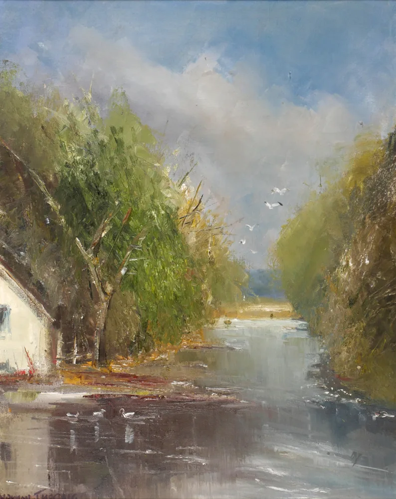 LAGAN CANAL by Norman J. McCaig, oil on board, sold Jul 2017