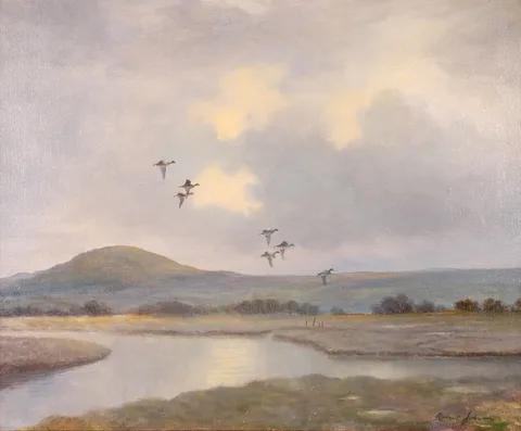 Robert Jobson, DUCKS IN FLIGHT OVER A LAKE, oil on canvas