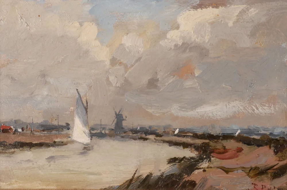 TOWARD THURNE, NORFOLK by Roy Petley, 1974, oil on canvas board, sold Jul 2017