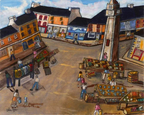 Orla Egan, MARKET DAY, WESTPORT, COUNTY MAYO, oil on board