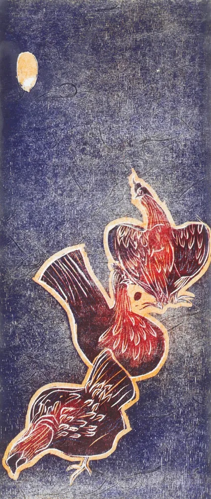 THREE WISE HENS by Jennifer Lane, 2001, wood block print; (no. 2 from an edition of 10); original wood block; (2), sold Jul 2017