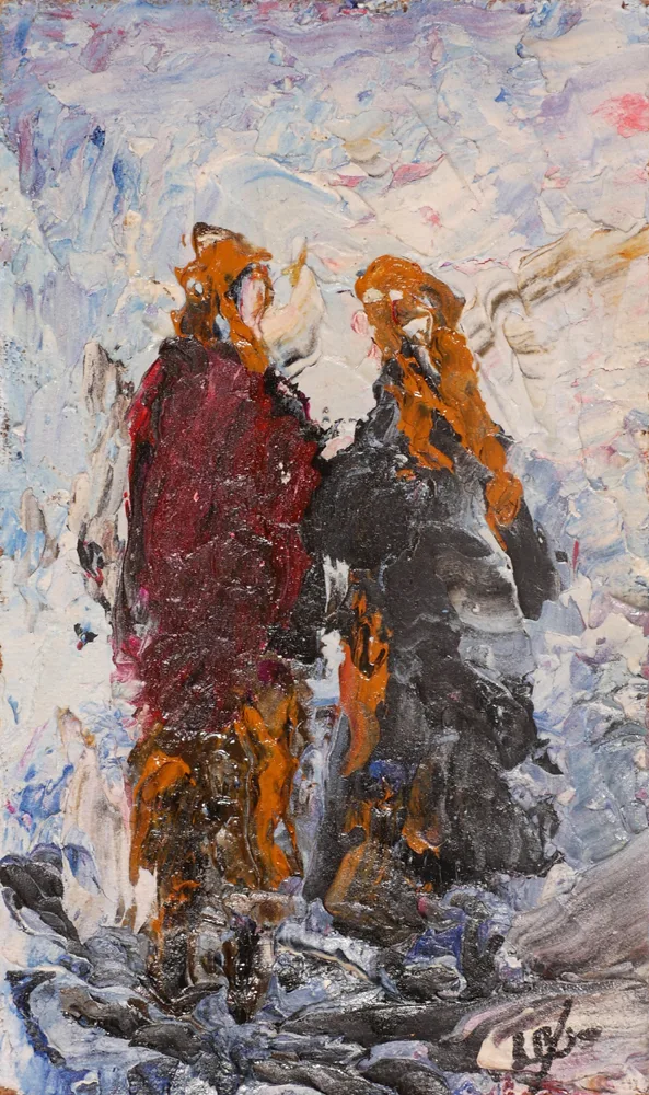 COUPLE WALKING by John Kingerlee, 1999, oil on board, sold Jul 2017