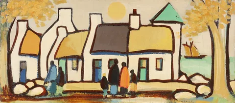 Markey Robinson, FISHING VILLAGE, oil on panel; (unframed)
