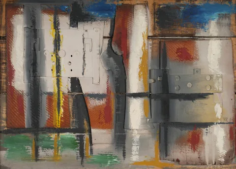CONSTRUCTION ON A KITCHEN DOOR by George MacCann, oil and collage elements on panel, sold Apr 2017