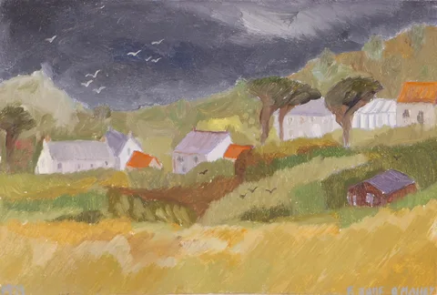 Jane O'Malley, MARCH LANDSCAPE I - ST MARTINS, 1979 and TOWARDS TRESCO II - ST MARTINS,1979 and POTATOE DIGGER - ST. MARTINS, 1977 (SET OF THREE), oil on board