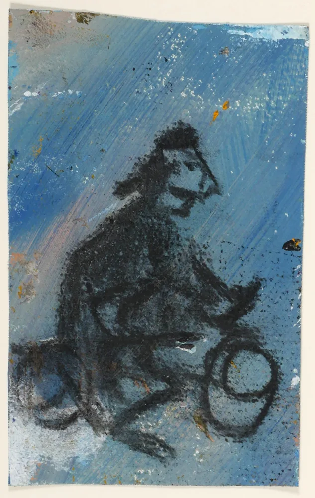 MAN ON BICYCLE by Basil Blackshaw, oil and charcoal on paper, sold Apr 2017