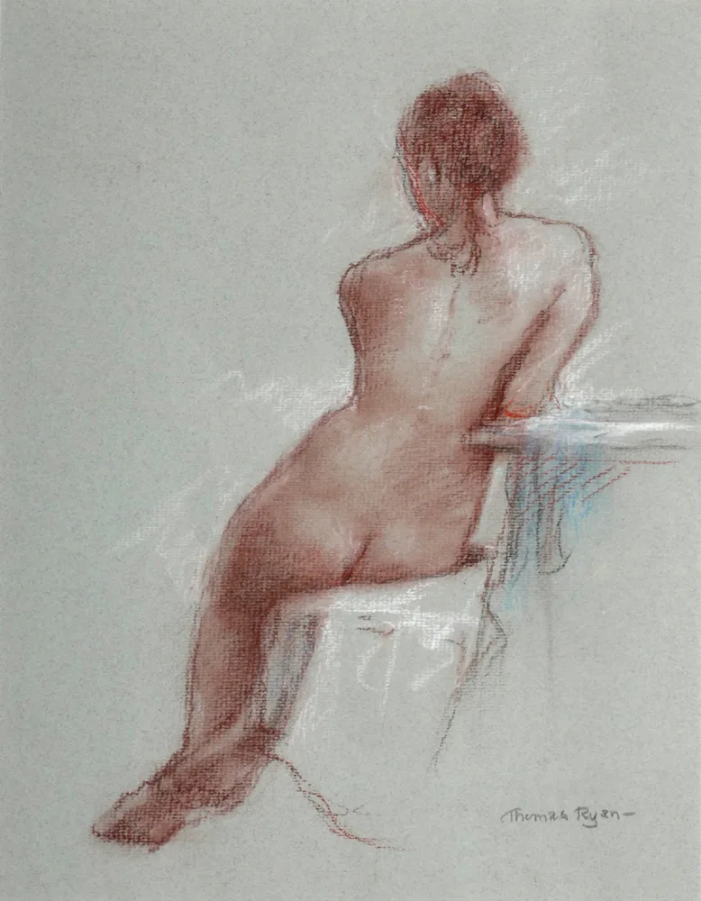 SEATED NUDE by Thomas Ryan, conté, sold Apr 2017