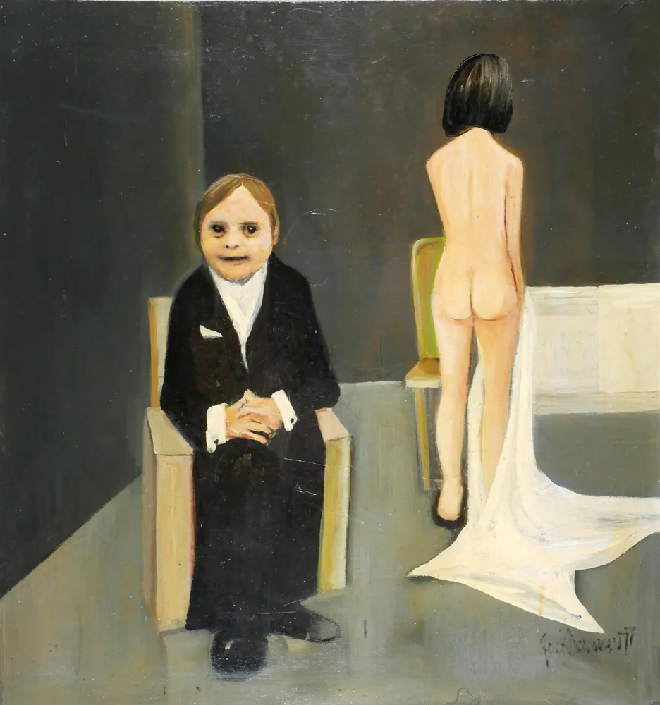 TWO FIGURES, ONE NUDE by Jack Donovan, 1977, oil on board; (unframed), offered Apr 2017
