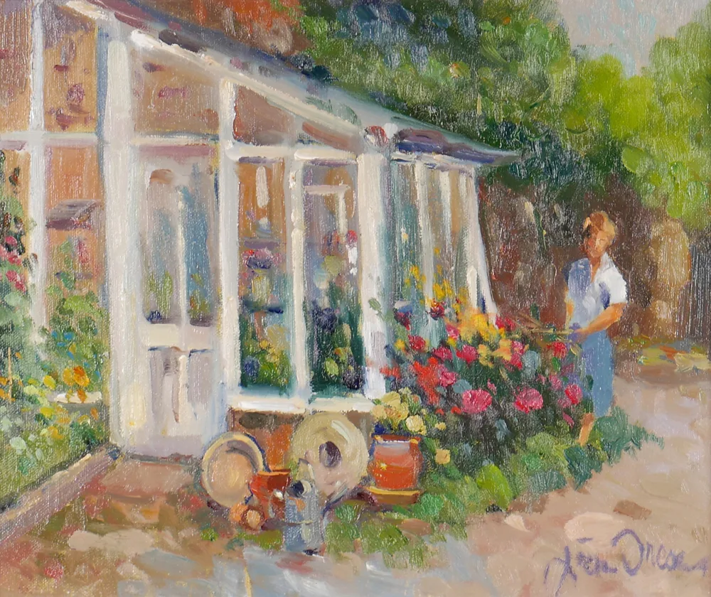 BY THE GREENHOUSE by Liam Treacy, 1989, oil on board, sold Apr 2017