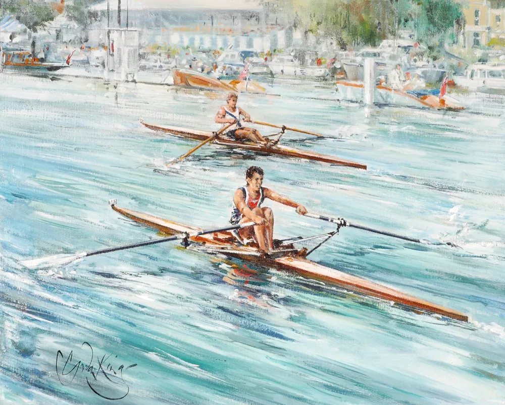 SCULLS AT HENLEY by Gordon King, oil on canvas, offered Apr 2017