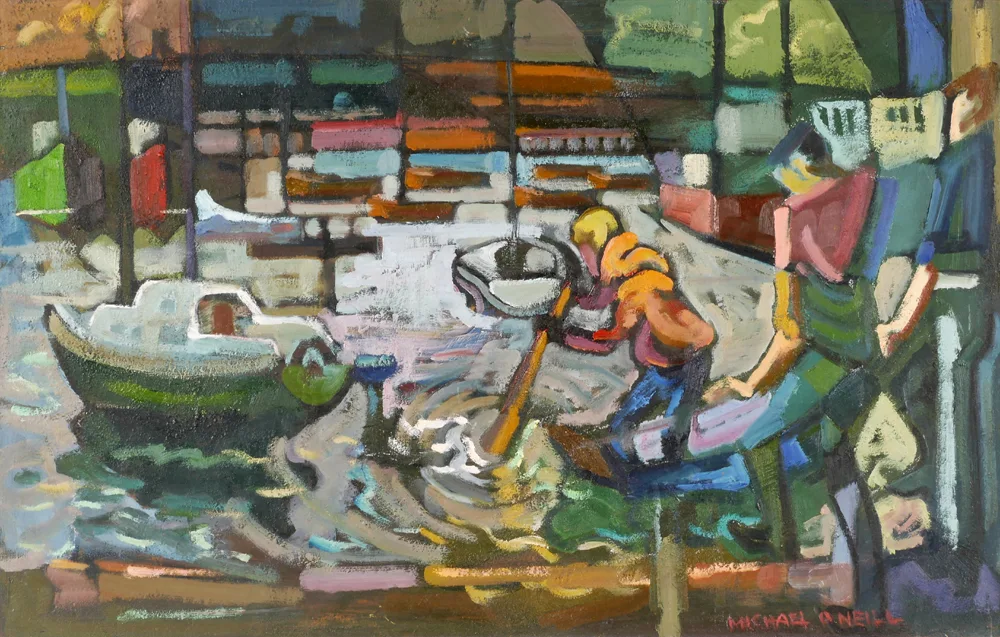 HARBOUR SCENE by Michael O'Neill, oil on board, offered Apr 2017
