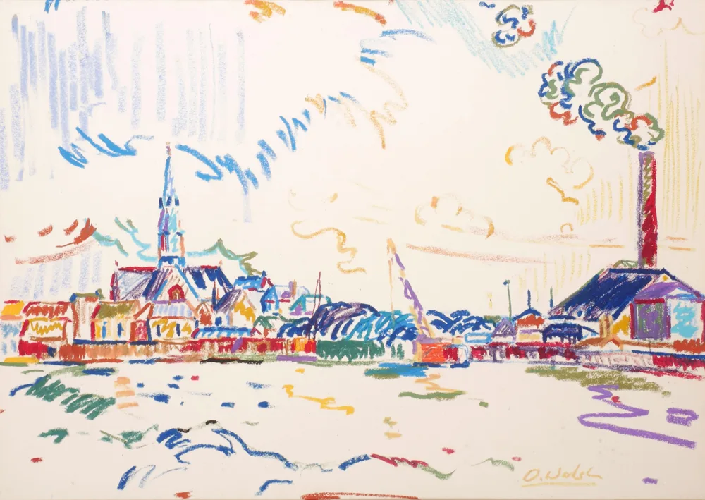 TOWN by Owen Walsh, crayon, offered Apr 2017