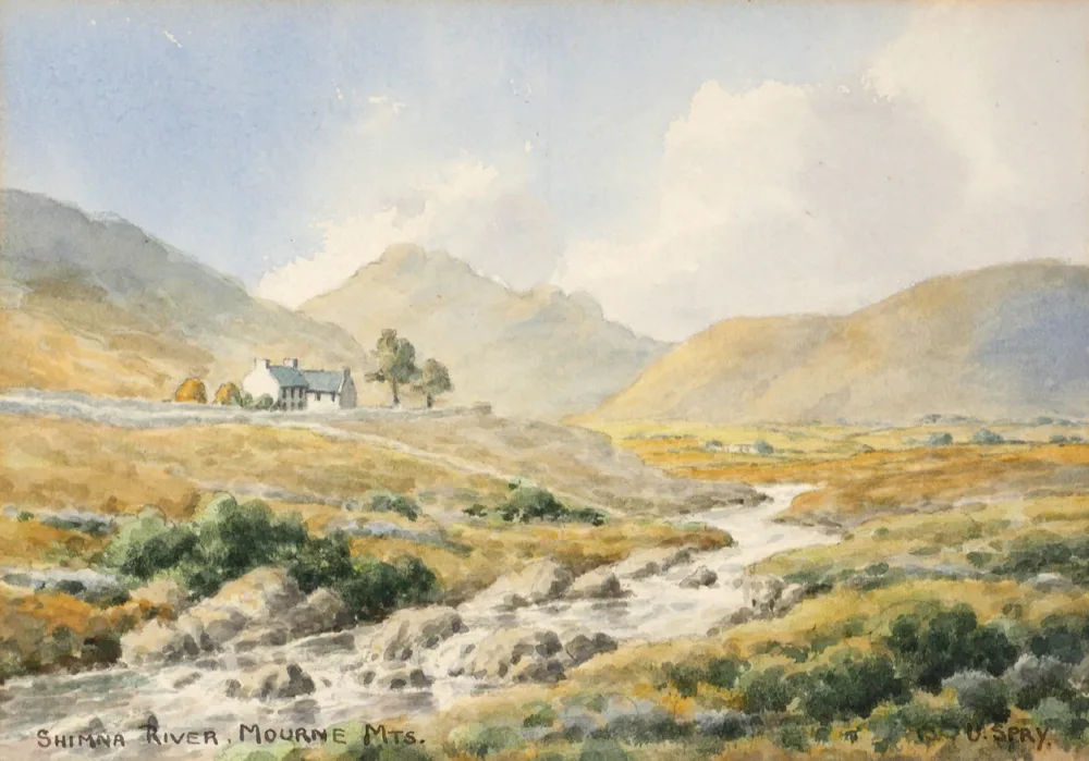 U. Spry, BLUE LOUGH, MOURNE MOUNTAINS and SHIMNA RIVER, MOURNE MOUNTAINS, COUNTY DOWN (A PAIR), watercolour; (2)