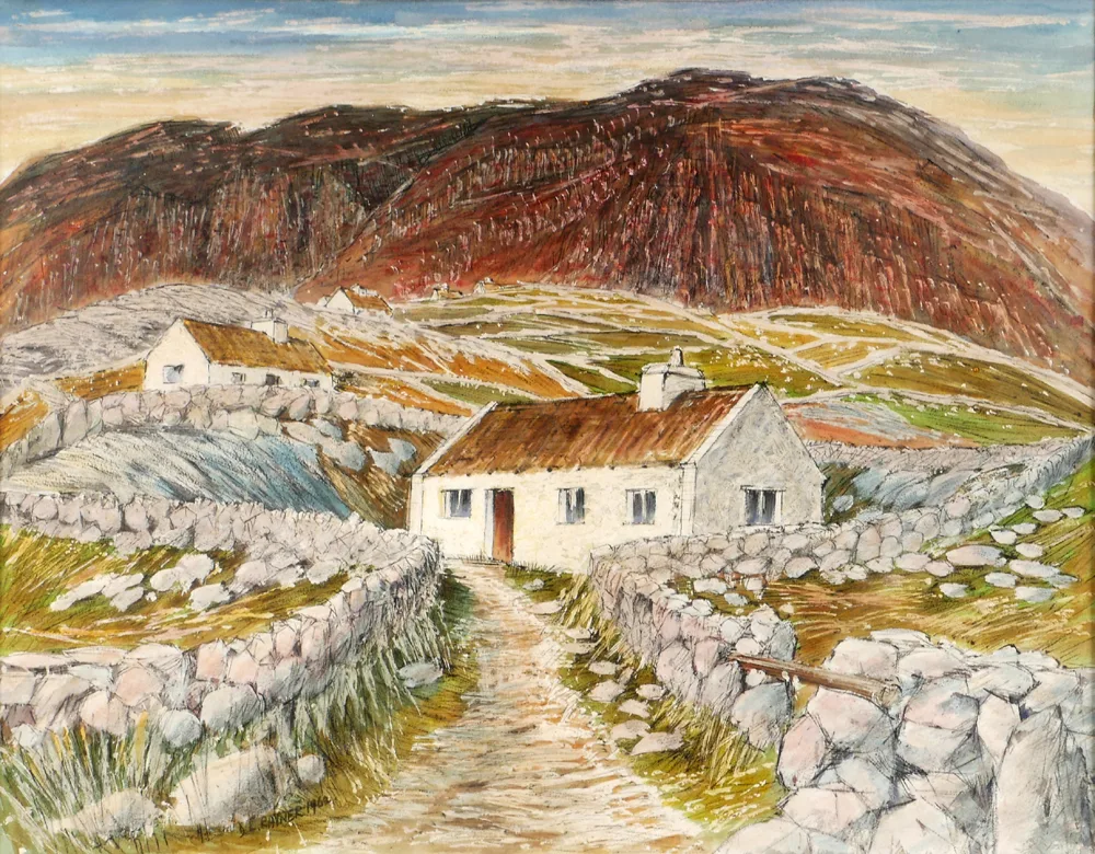 Donald Rayner, COTTAGES WITH MOUNTAINS IN THE DISTANCE, 1962, watercolour