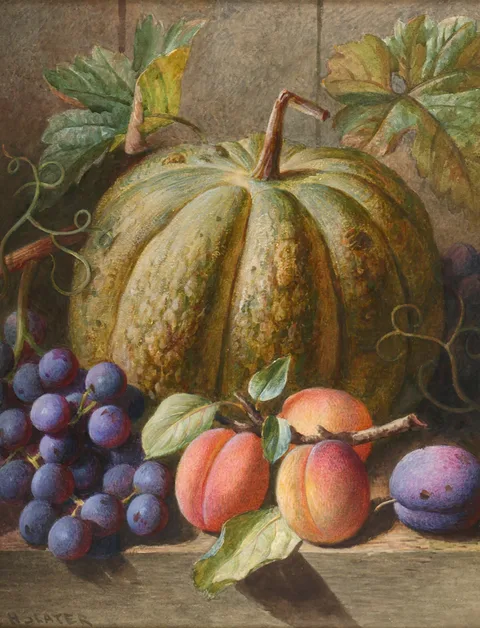 Charles Henry Slater, STILL LIFE OF PUMPKIN, PEACHES AND GRAPES, watercolour