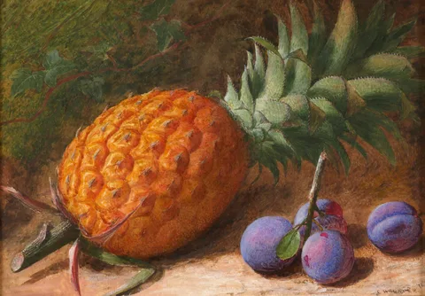 Charles Henry Slater, STILL LIFE OF A PINEAPPLE AND PLUMS ON A MOSSY, 1872, watercolour