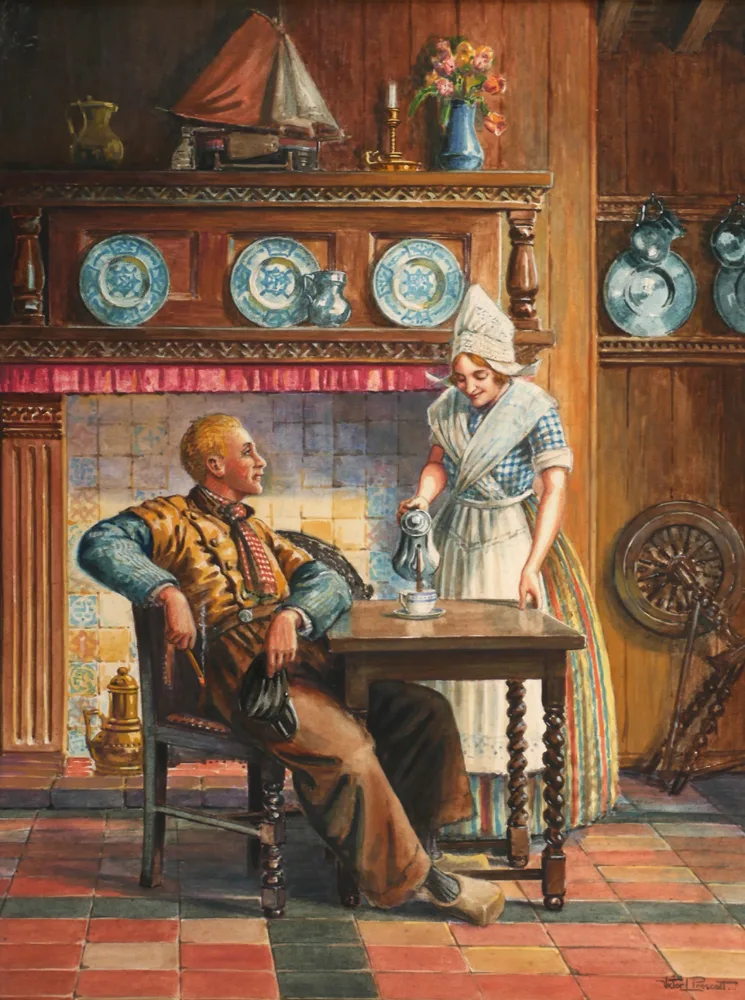 Victor L. Prescott, SERVING COFFEE, watercolour