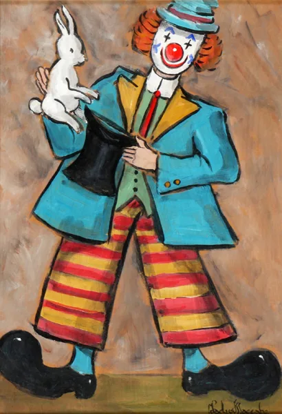 CLOWN WITH RABBIT by Gladys Maccabe, oil on board, sold Dec 2016