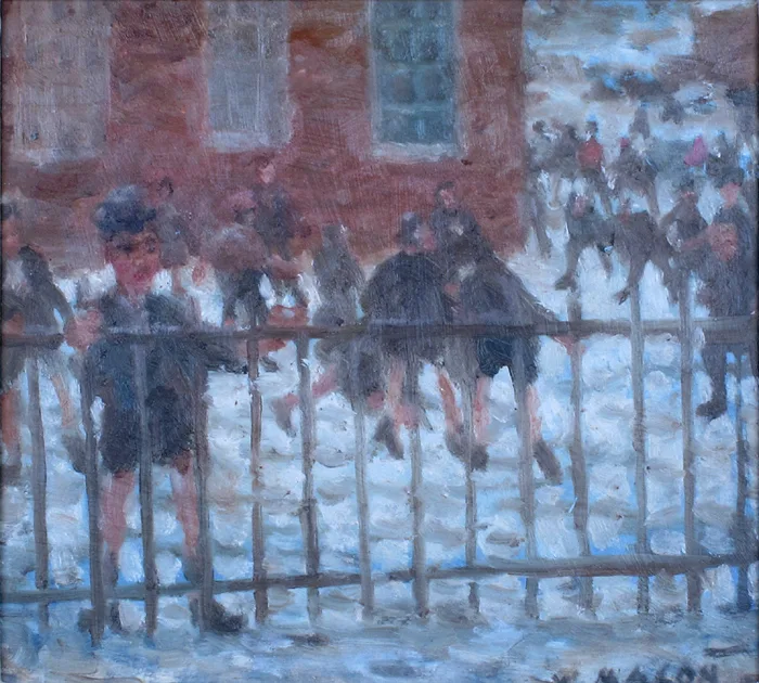 SCHOOLYARD by William Mason, oil on board, sold Dec 2016