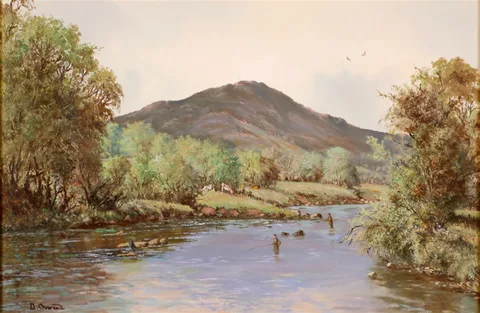 David Anthony Overend, ANGLERS ON THE RIVER FINN, NEAR CASTLEFIN, COUNTY DONEGAL, oil on canvas