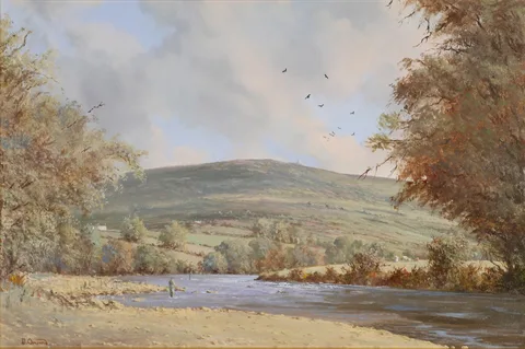 ANGLERS ON THE GLENELLY AT NEWTOWNSTEWART, COUNTY TYRONE by David Anthony Overend, oil on canvas, sold Dec 2016
