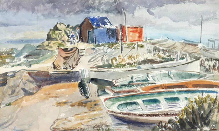 Violet McAdoo, HARBOUR WITH FIGURES, watercolour