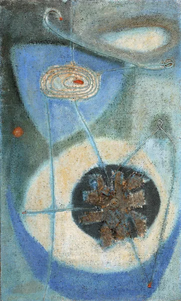 STRING COLLAGE IN BLUE by Gerard Dillon, 1960, oil and sand with string collage on canvas, sold Dec 2016